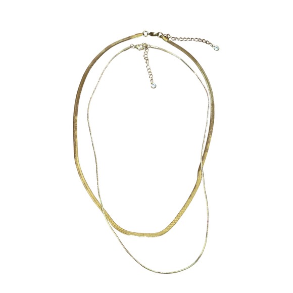 Jewelry - Gold Tone Layered Herringbone and Snake Chain Necklace Set with Stone Charm